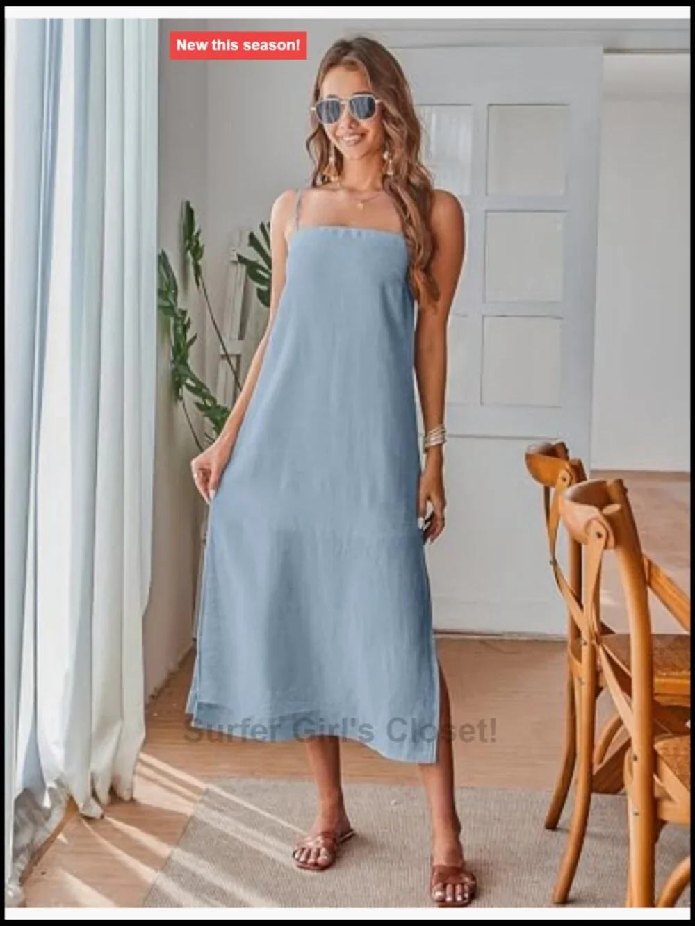 100% Linen Midi Dress Square Neck Sleeveless Spaghetti Strap Relaxed Fit Summer